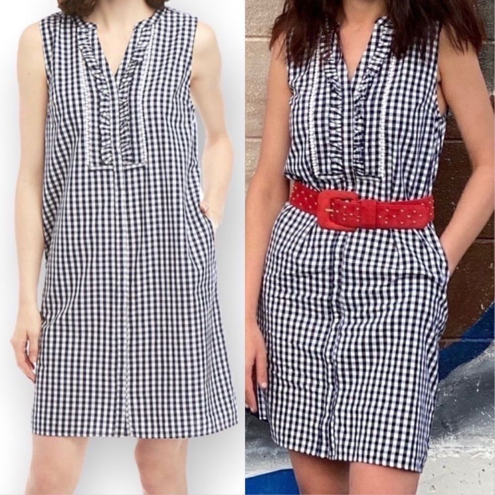 Crown & Ivy Womens 2 Navy White Gingham Cotton Button Down Sleeveless Mini Dress